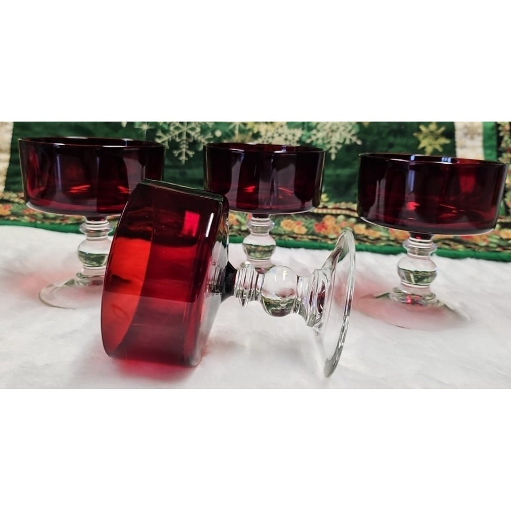 Vintage‎ Red Ruby Champagne Clear Ball Stem Glass Pair "Made in France" set of 4